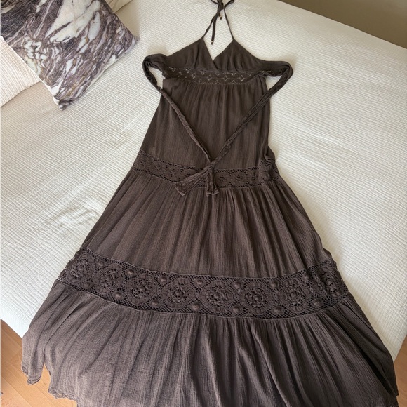 Dresses & Skirts - Vintage 70s Gauze & Crochet brown backless halter maxi in pristine condition.